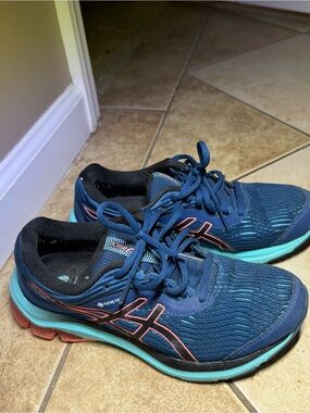 Asics Navy Running Shoes with Teal Soles and Coral Accents